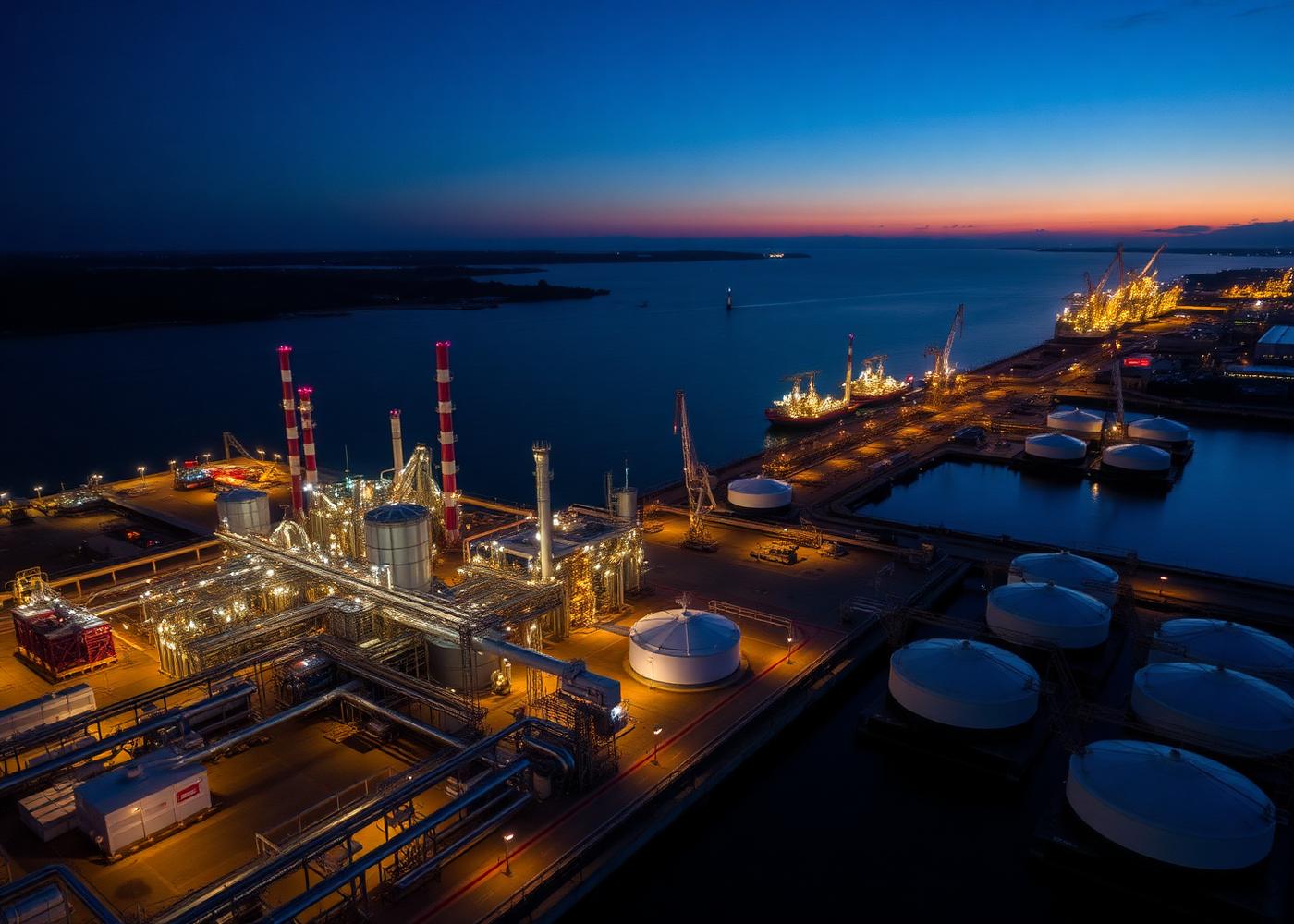 Aerial view of a bulk liquid storage terminal and refinery beside a port